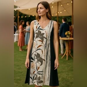 MALOKA Elegant Black and White Floral Linen Dress